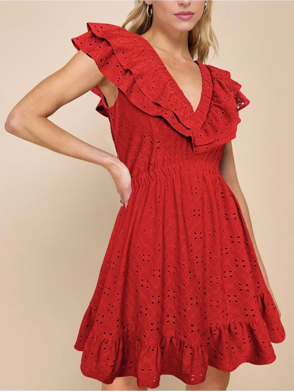 Red Eyelet Ruffle V-Neck Dress